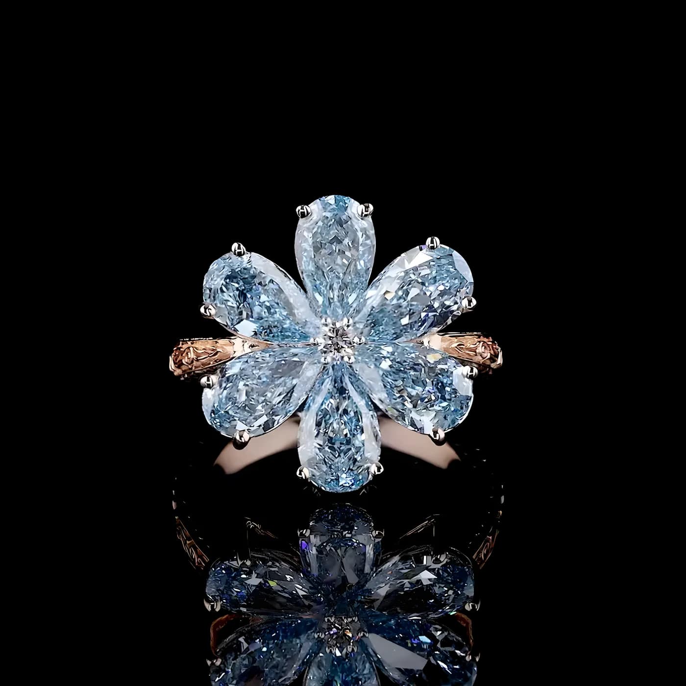 Bague florale 6 pièces en diamant bleu (D71)