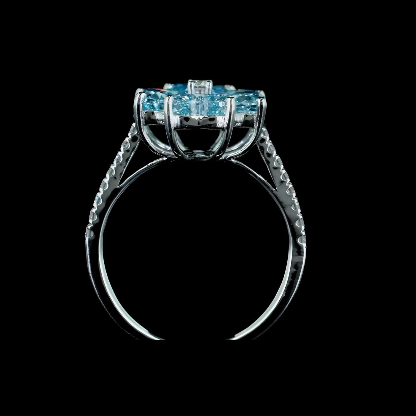 Bague florale 4 pièces en diamant bleu (D72)