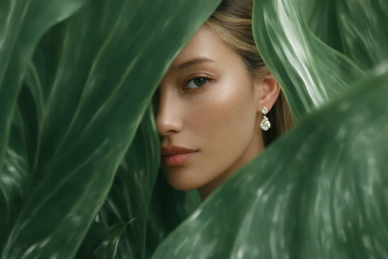 Boucles d’oreilles en diamant, portrait entre de grandes feuilles vertes