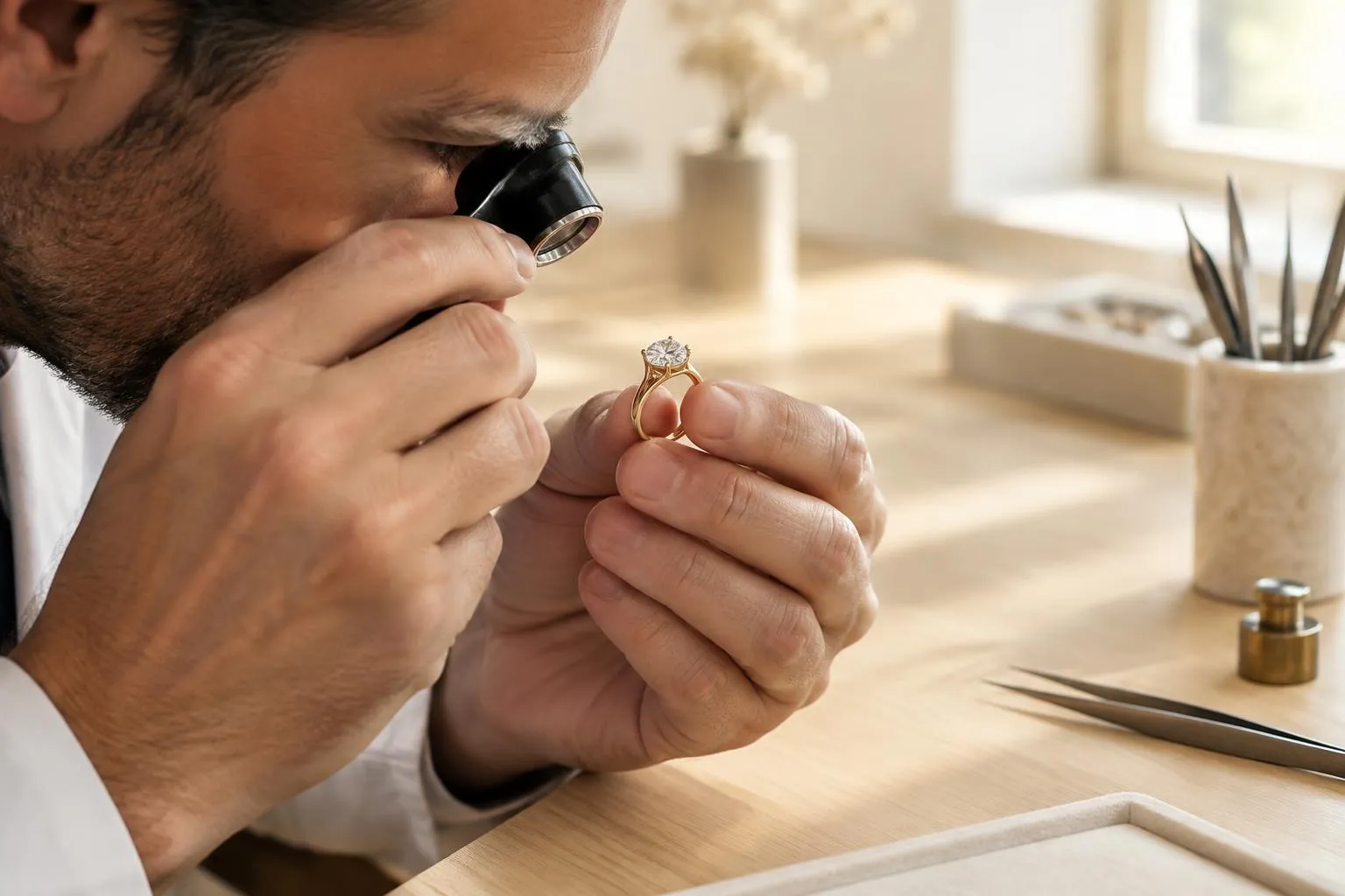 Un joaillier examine une bague à la loupe, à son établi